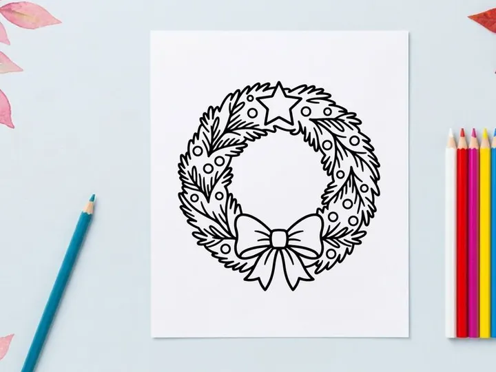 Christmas wreath line art illustration with star and bow for holiday coloring page design