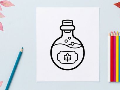 Hand-drawn Halloween potion bottle with magic symbol. Vintage sketch of mystical elixir jar for witch spells and fantasy decor.