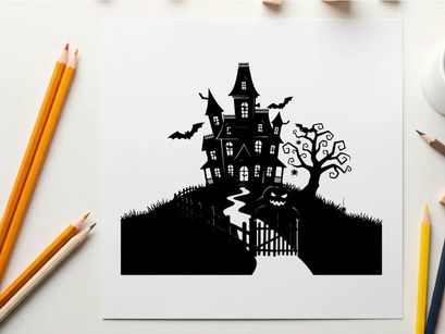 Spooky silhouette of haunted house on hill with jack o lantern