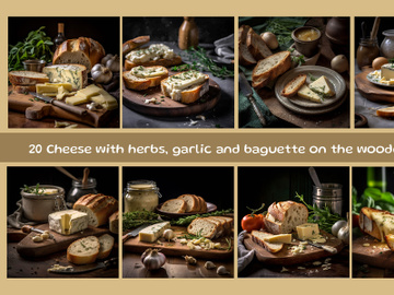 Cheese with herbs, garlic and baguette on the wooden table preview picture