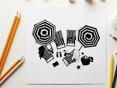 Beach setup silhouette with umbrellas towels and accessories