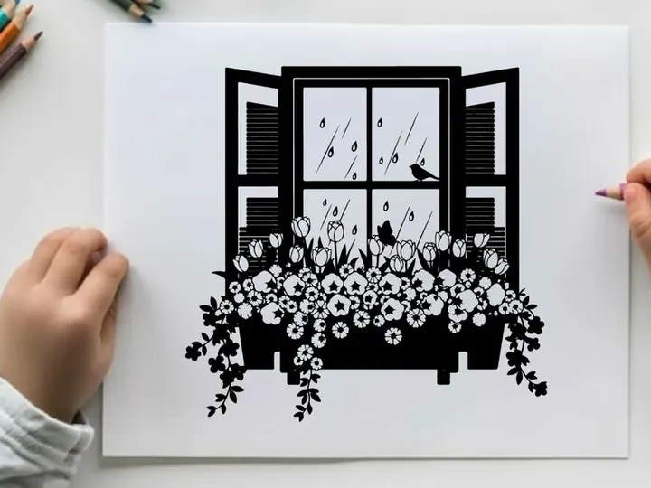 Silhouette of a window with flowers and bird outside