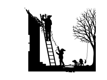 Silhouette of people decorating house with christmas lights and dog preview picture