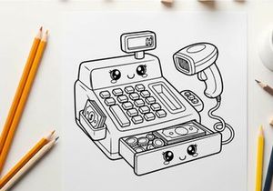 Cute cash register with scanner vector illustration