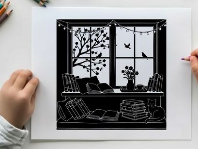Cozy room interior with silhouette of tree and birds outside window