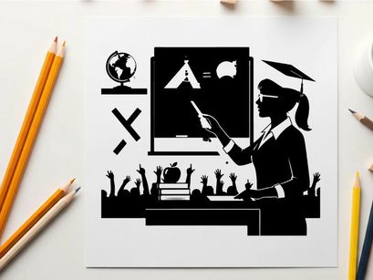 Silhouette of a female teacher in graduation cap teaching