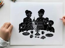 Happy family celebrating hanukkah with traditional foods and menorah silhouette