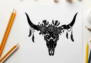 Bull skull silhouette with floral and feather adornments