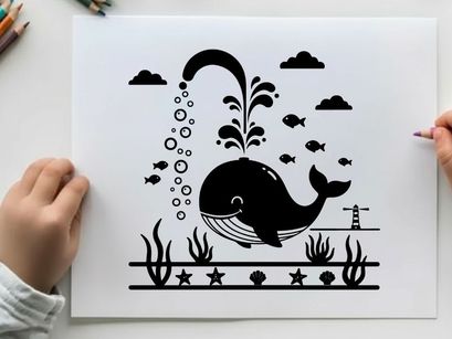 Whale silhouette swimming underwater with sea creatures and plants silhouette
