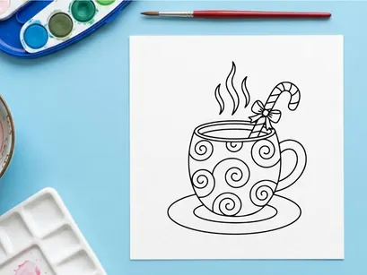 Ilustración de línea de arte navideño de taza de chocolate caliente con bastón de caramelo para página de actividad para colorear