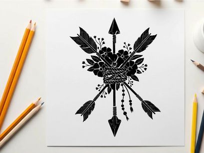 Silhouette of arrows and feathers with floral elements