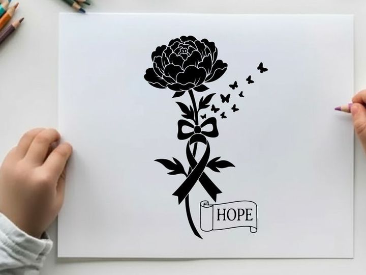 Silhouette of a flower with ribbon and butterflies symbolizing hope