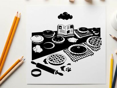 Silhouette of baking tools and pastries on a table