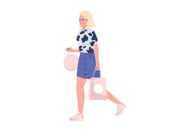 Stylish blonde lady with pink shopping bag semi flat color vector character preview picture