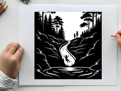 Silhouette of a person jumping into a serene lake at dusk surrounded by trees