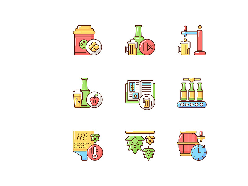 Brewing beer process RGB color icons set