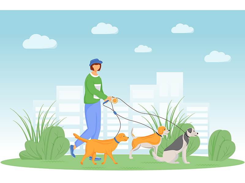 Dog walking flat color vector illustration