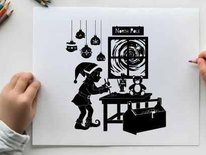 North pole elf and toys silhouette christmas scene