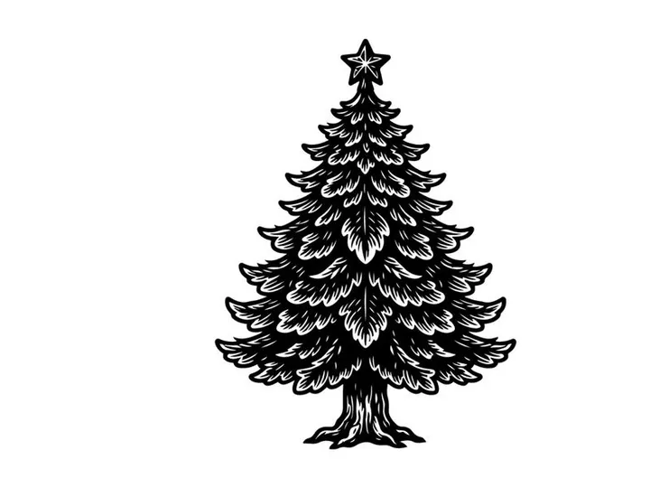 Hand drawn Christmas tree illustration with star topper in vintage woodcut engraving style.