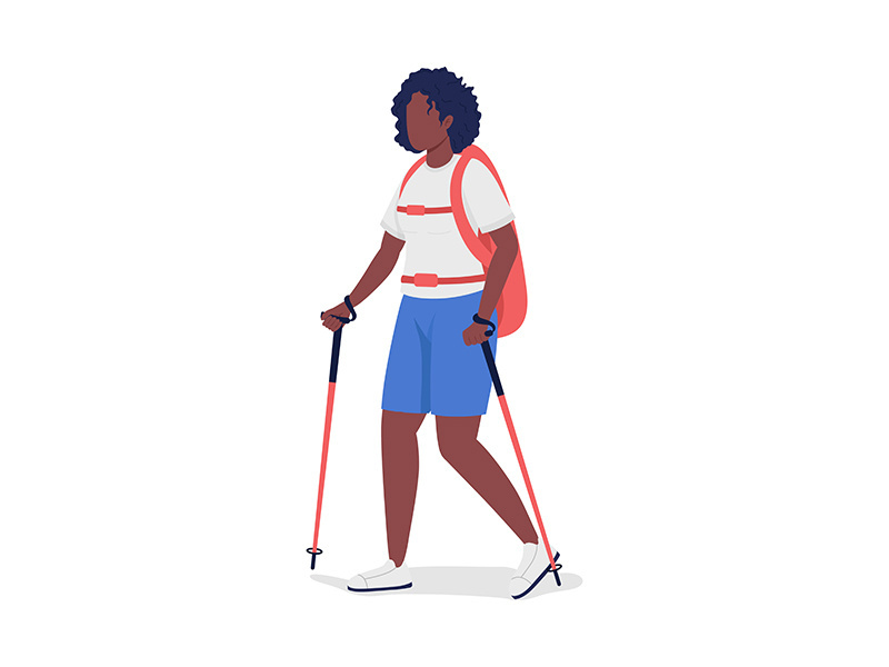Woman on nordic walk semi flat color vector character