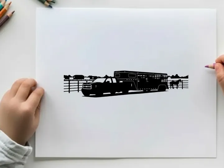 Silhouette of a horse trailer and horses in a rural setting