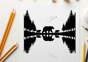 Silhouette of a bear family in a serene forest landscape