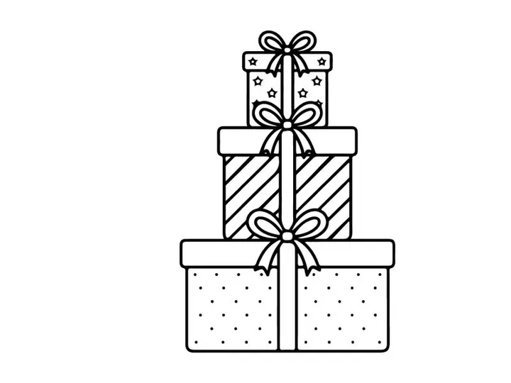 Stack of Christmas gift boxes with ribbons in a simple black and white line art style.