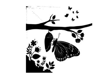 Butterfly silhouette hanging from tree branch with leaves and flowers preview picture