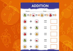 Addition with different fruits for kids. An educational worksheet for kids. Vector design