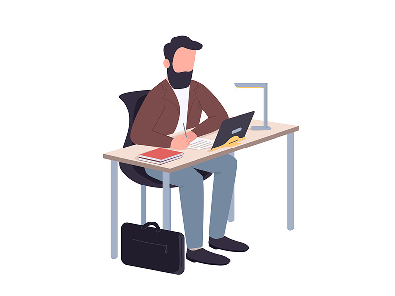 Man working at home flat color vector faceless character