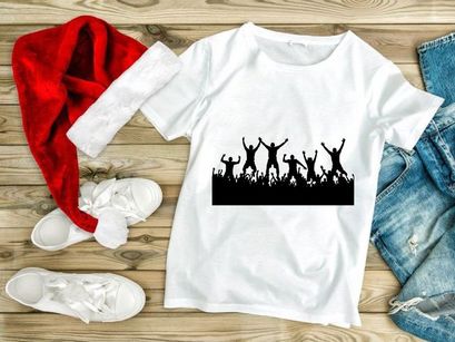 Silhouette of joyful people jumping and celebrating with raised arms in unison together