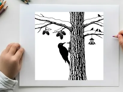 Silhouette eines Spechts am Baum mit Vogelhäuschen und anderen Vögeln