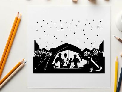 Silhouette of family in tent under starry night sky