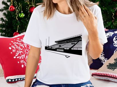 Black and white sketch of an empty stadium with tiered seating