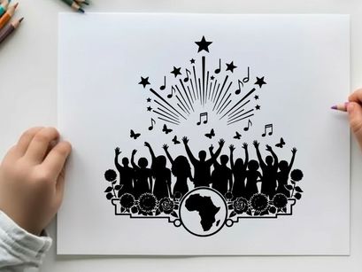 African silhouette of people celebrating with music and stars