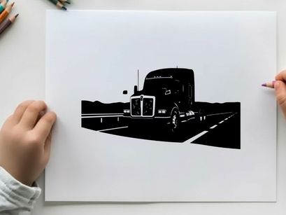 Silhouette of a semi truck driving on a highway with mountains
