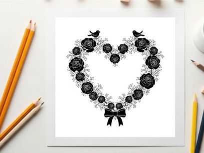 Silhouette heart shaped wreath with roses and birds