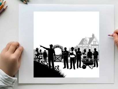 Silhouette of people standing in front of a large house with a gate