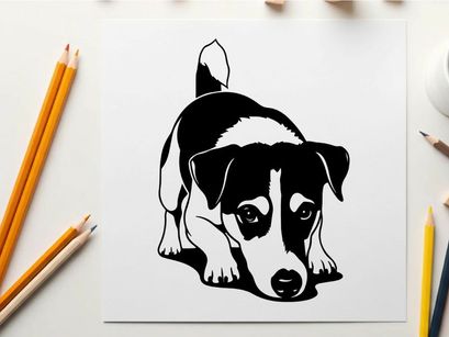 Silhouette of a cute black and white dog crouching down