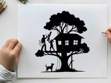 Treehouse silhouette with people building and dog