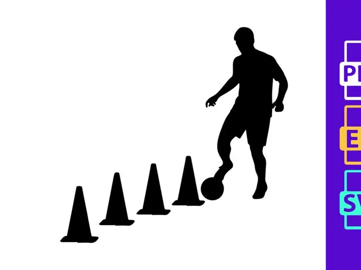 Soccer player skillfully navigating through cones in training session