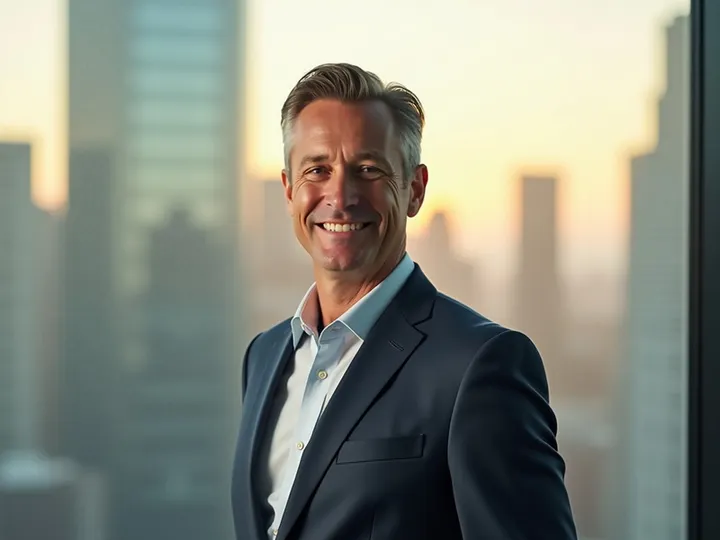A confident businessman in a suit stands near a window with a city skyline.