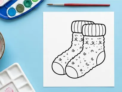 Hand-drawn white knitted Christmas stocking with snowflake patterns and cuff detail