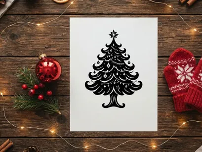Ícono de árbol de Navidad en blanco y negro con adornos y estrella en la parte superior aislado sobre fondo blanco.