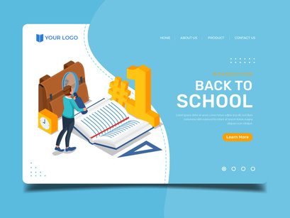 Student with book and magnification glass - Landing page illustration template.