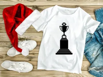 A black and white image of a trophy cup on a pedestal base with soccer ball preview picture