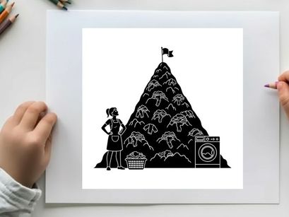 Silhouette of a woman standing beside a gigantic pile of laundry