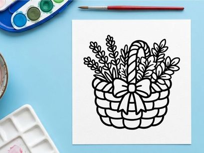 Wicker basket with flowers and bow. Hand drawn line art illustration of a floral gift.