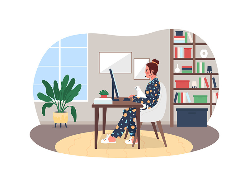 Freelancer in pajamas 2D vector web banner, poster