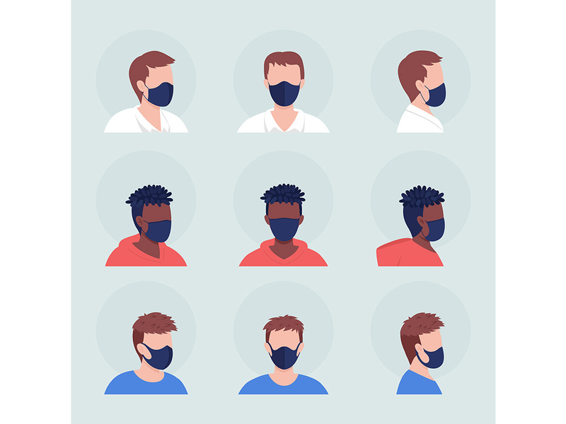 Different men wearing mask flat color vector character avatar set